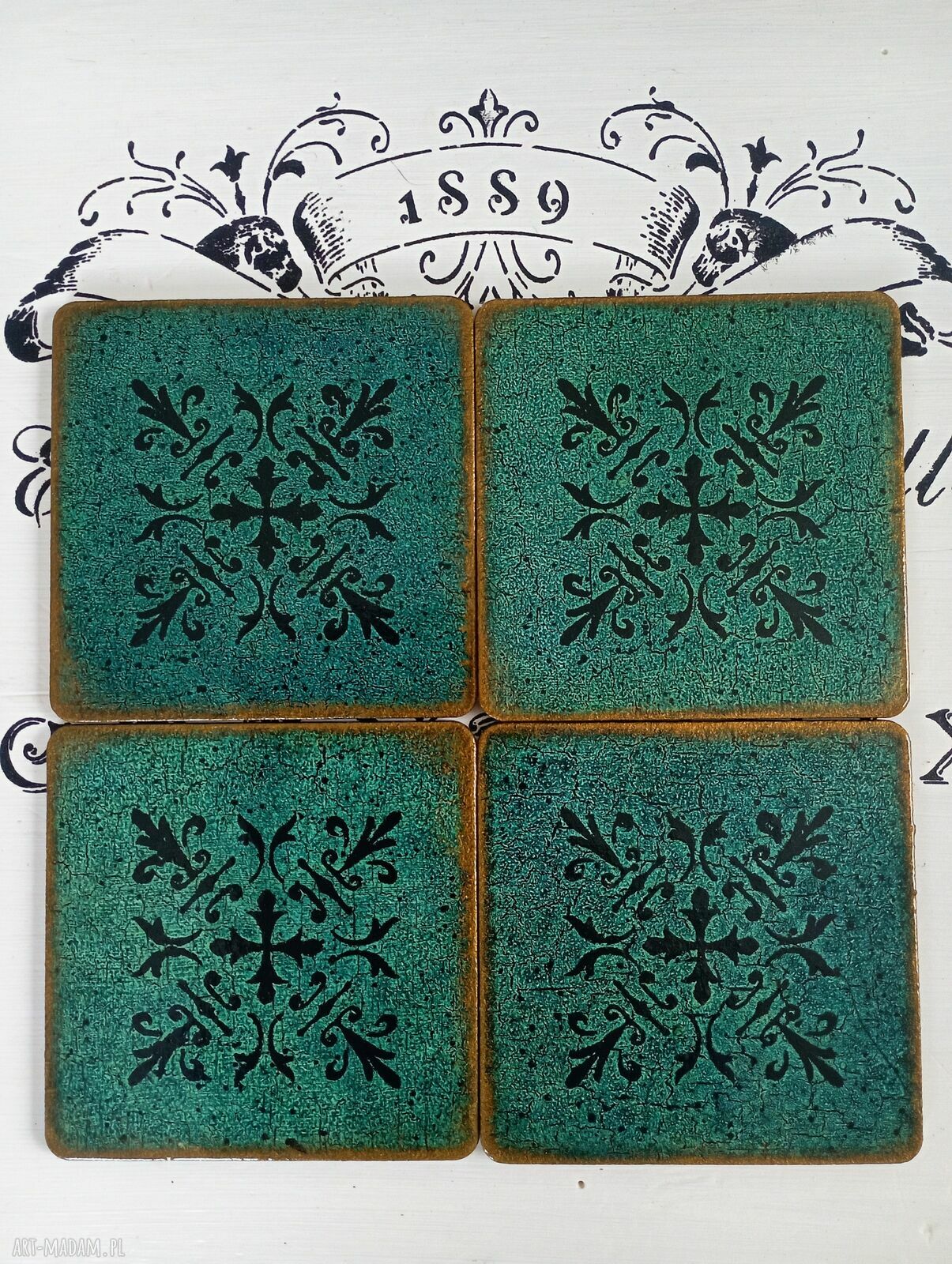 Zielone ozdobne podkładki pod kubki vintage Selena - komplet 4 szt. 10x10 cm w stylu shabby chic
