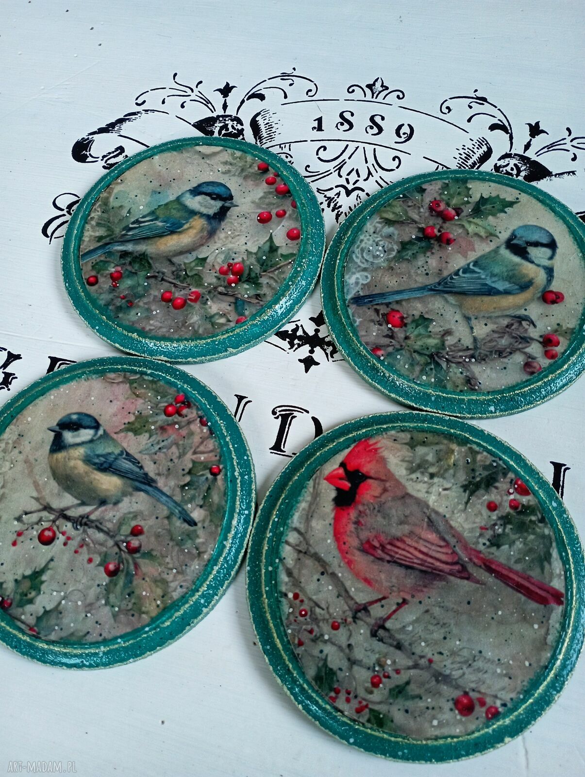 Podkładki z sikorkami vintage - komplet 4 sztuki 10 cm