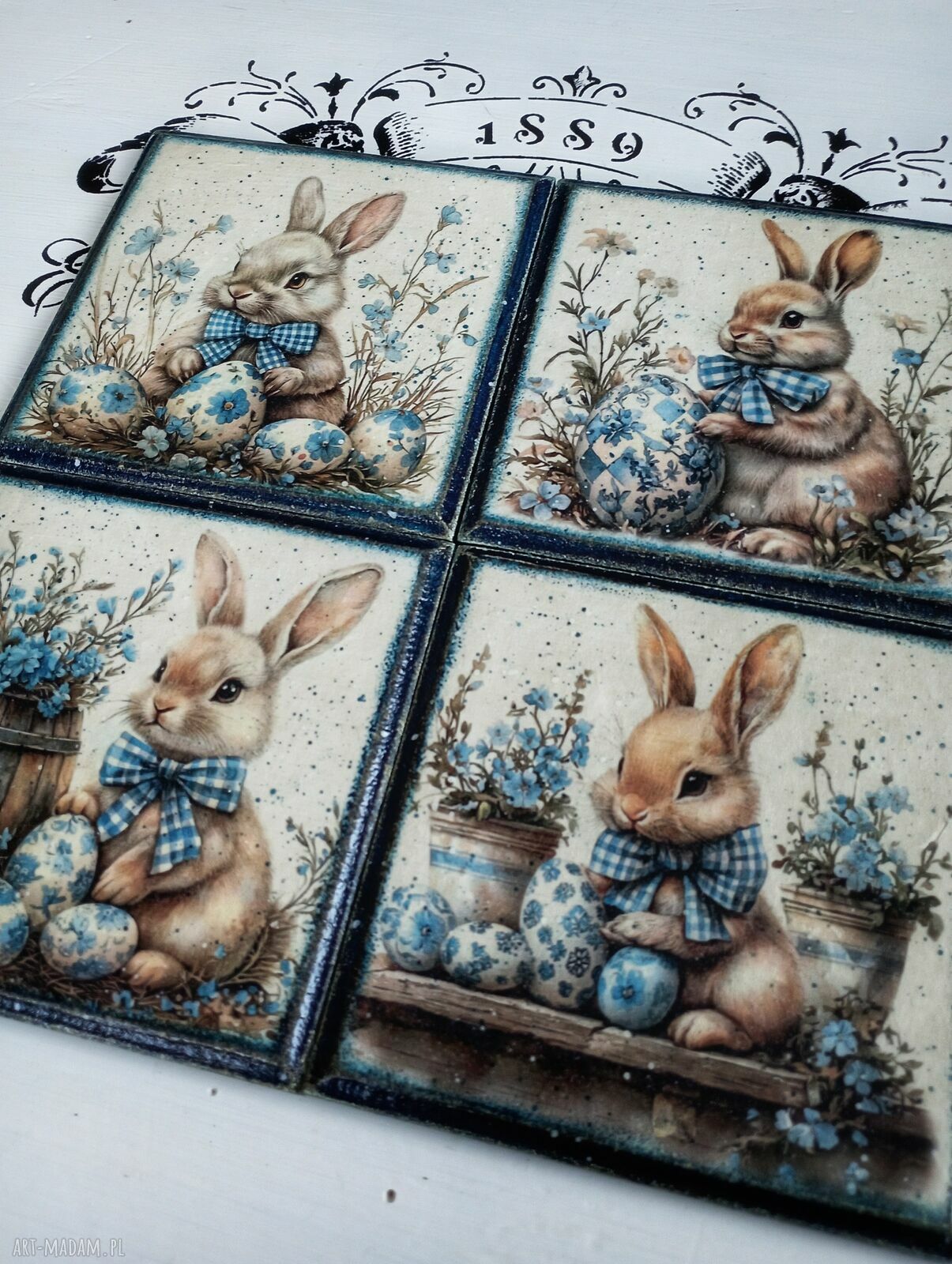 Ozdobne podkładki z zajączkami w stylu farmhouse - komplet 4 szt. (10x10 cm)