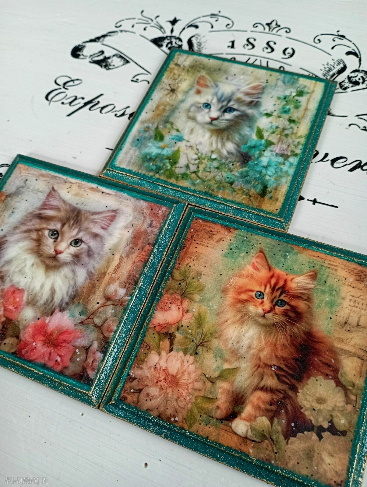 Ozdobne podkładki decoupage Magiczne Kotki - komplet 3 sztuk 10x10 cm