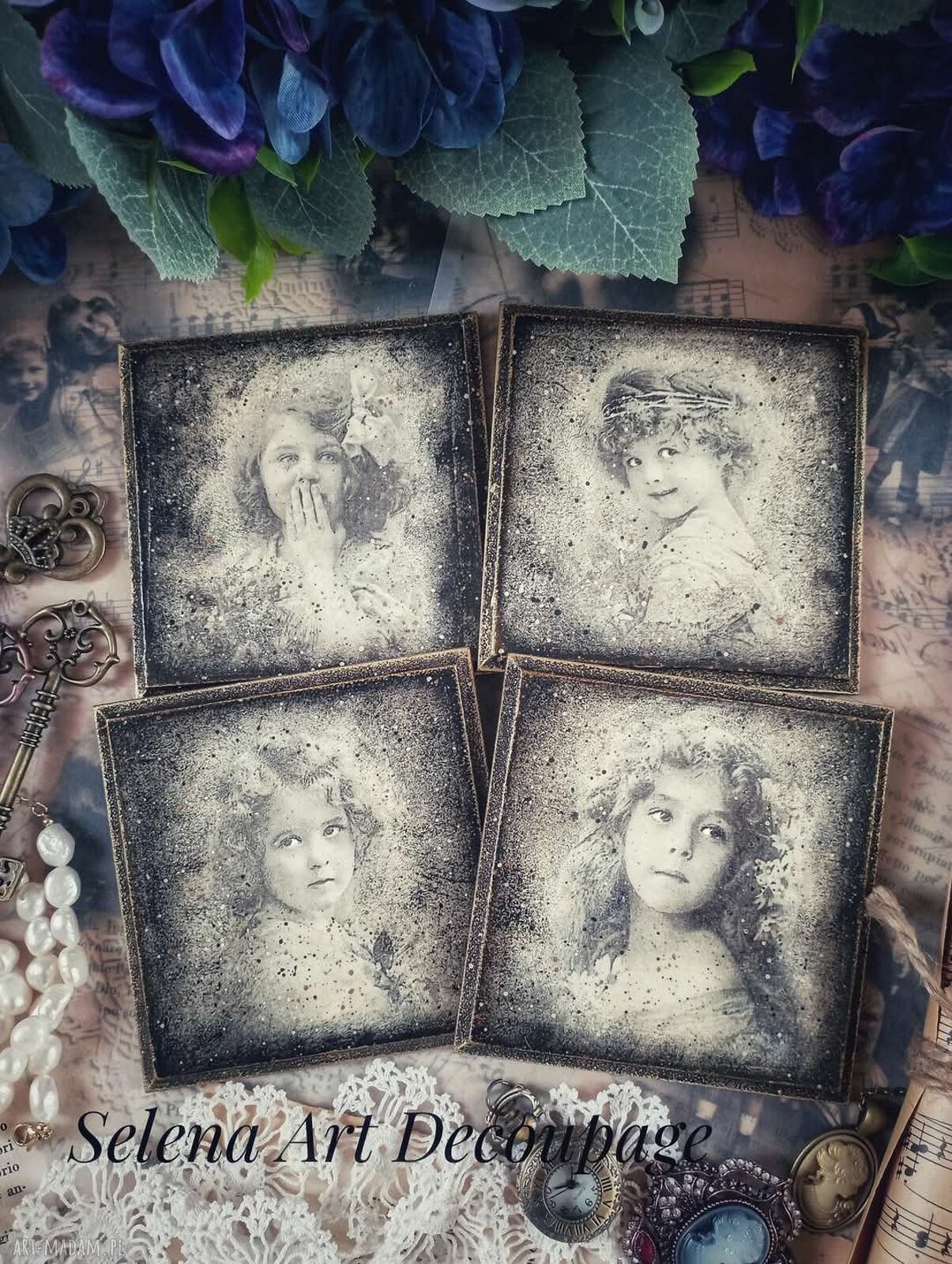 Ozdobne podkładki decoupage w stylu vintage - komplet 4 szt., 10x10 cm