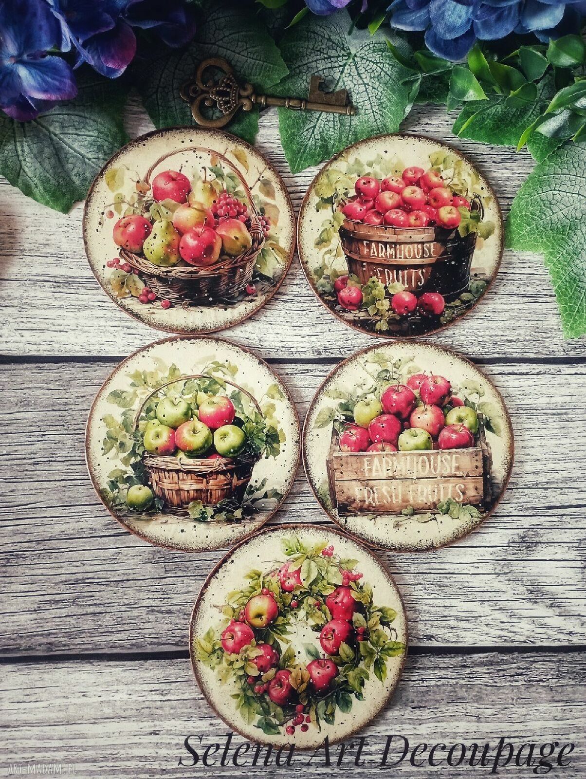 Podkładki decoupage z owocami w stylu farmhouse - komplet 5 sztuk