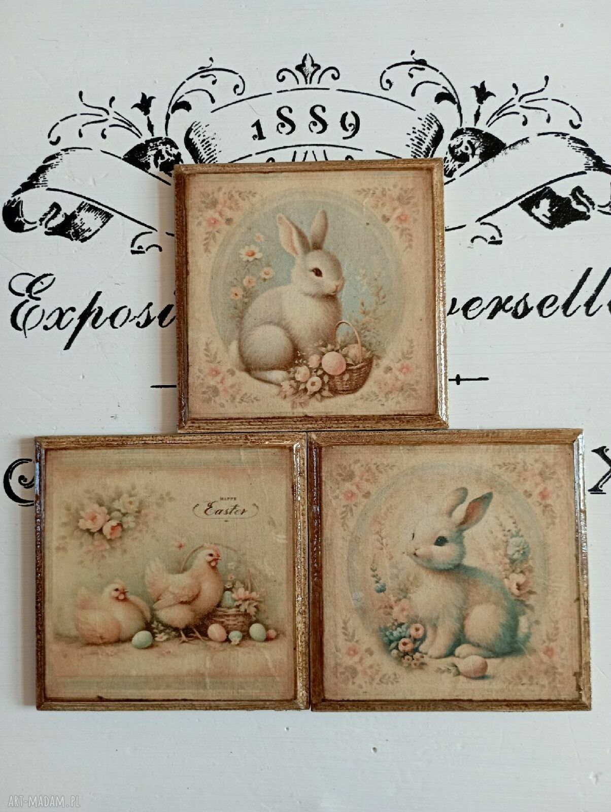 Ozdobne podkładki decoupage z zajączkami w stylu vintage - komplet 3 szt.