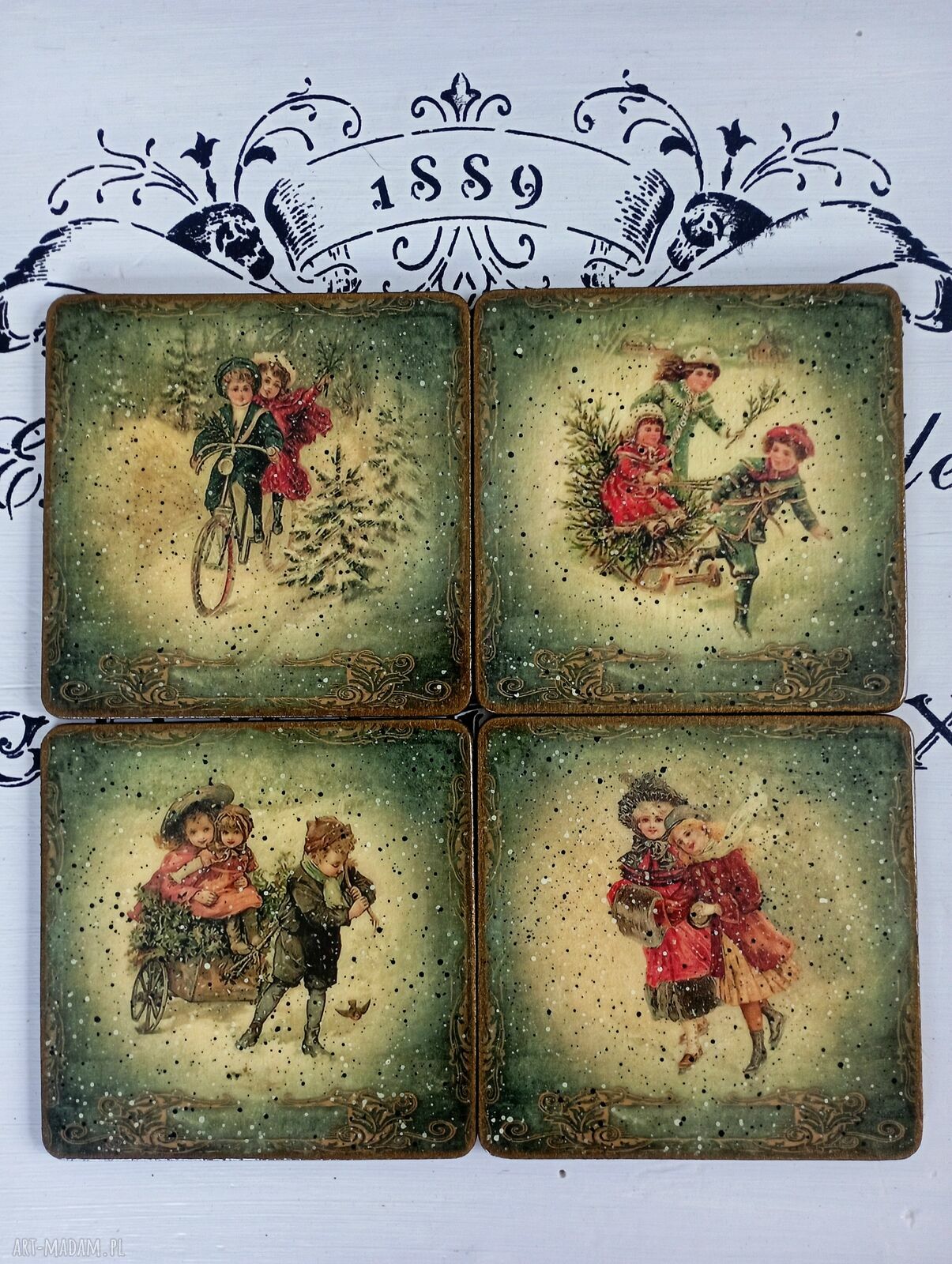 Zielone ozdobne podkładki pod kubki vintage Selena - komplet 4 szt. 10x10 cm w stylu shabby chic