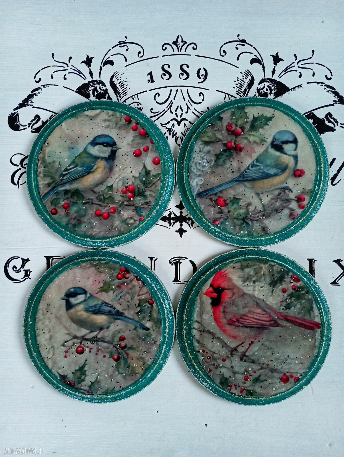 Podkładki z sikorkami vintage - komplet 4 sztuki 10 cm
