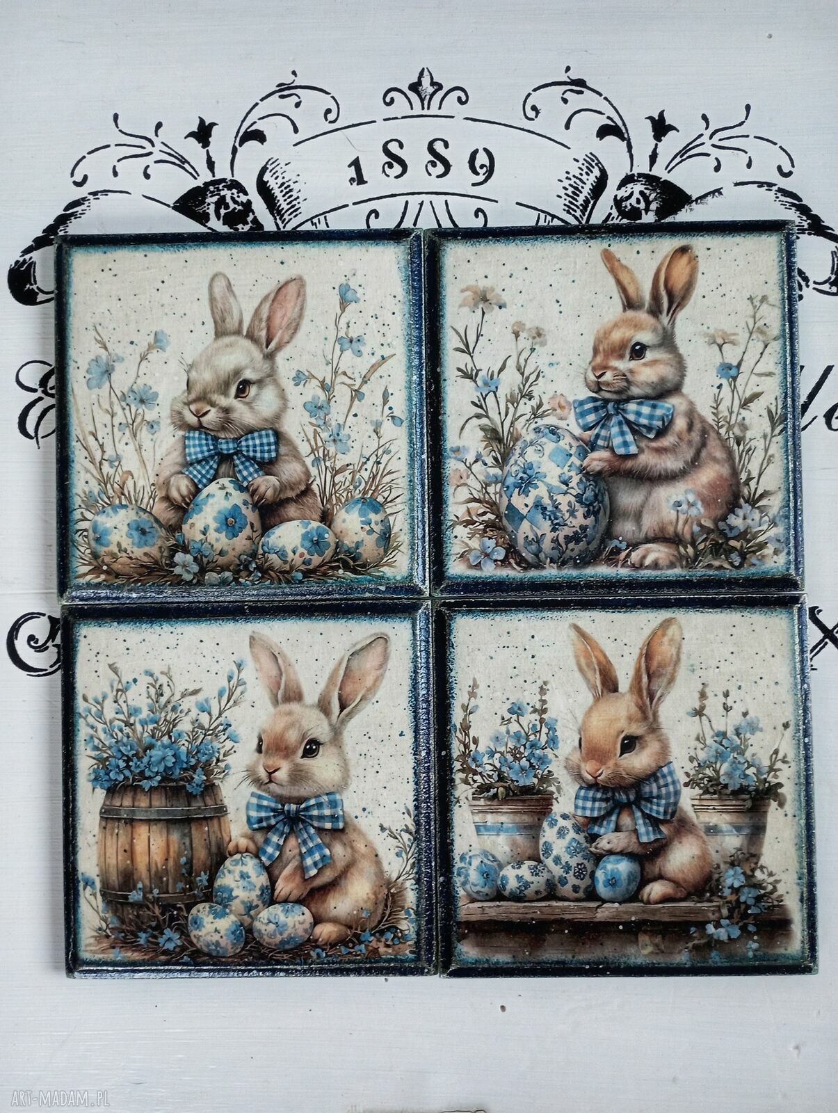 Ozdobne podkładki z zajączkami w stylu farmhouse - komplet 4 szt. 10x10 cm