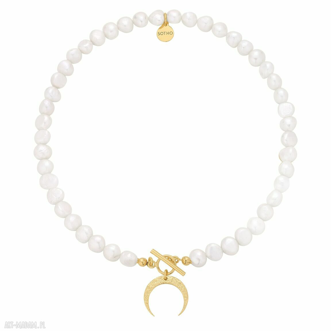 Złoty naszyjnik naturalnych pereł zdobiony księżycem księżyc moon