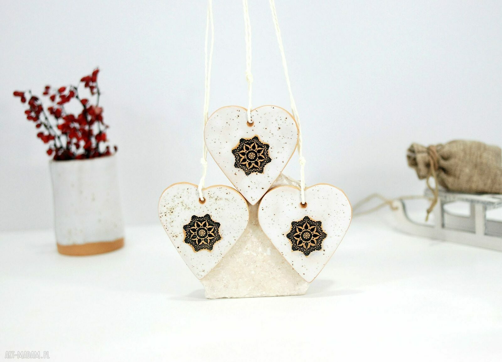 Ceramiczne ozdoby choinkowe serca - zestaw 3 szt., szkliwione z magnesem