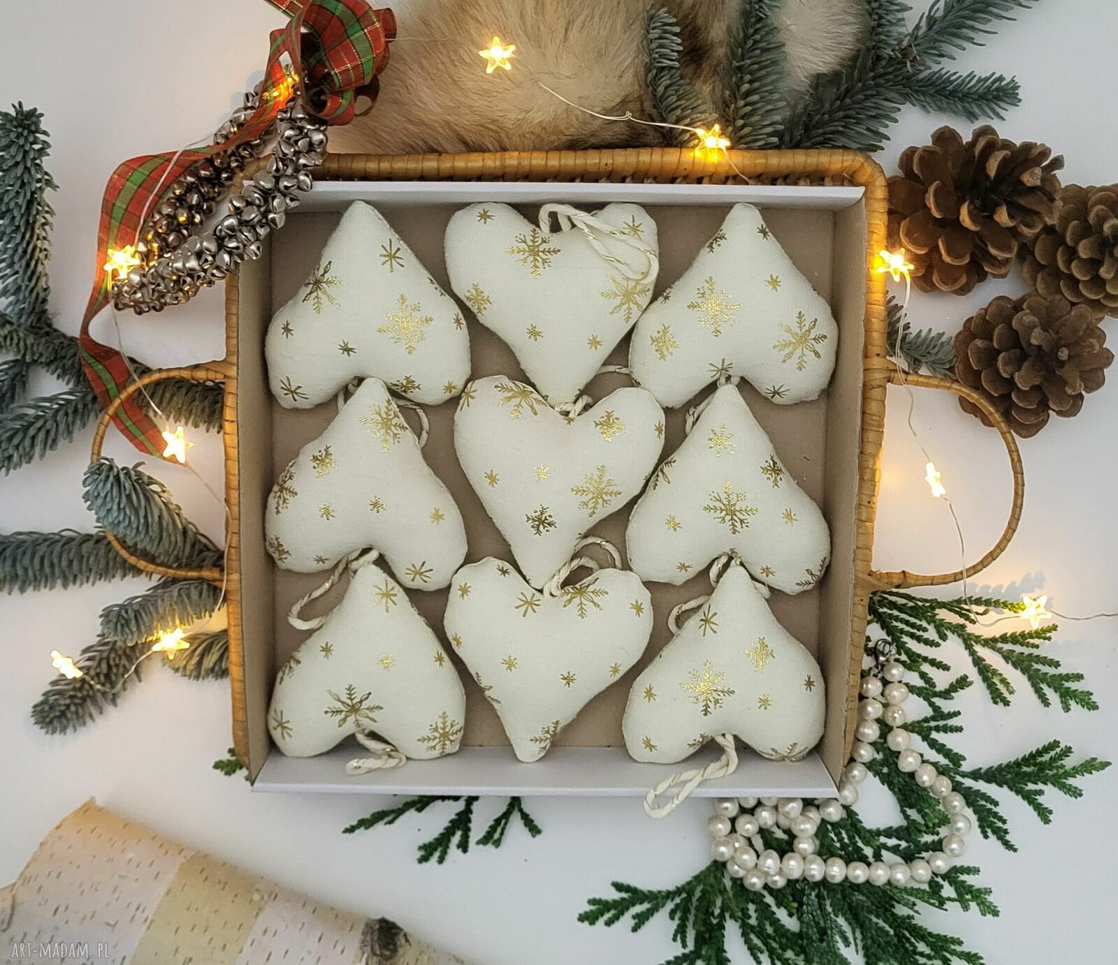 Materiałowe serca na choinkę handmade - komplet 9 sztuk