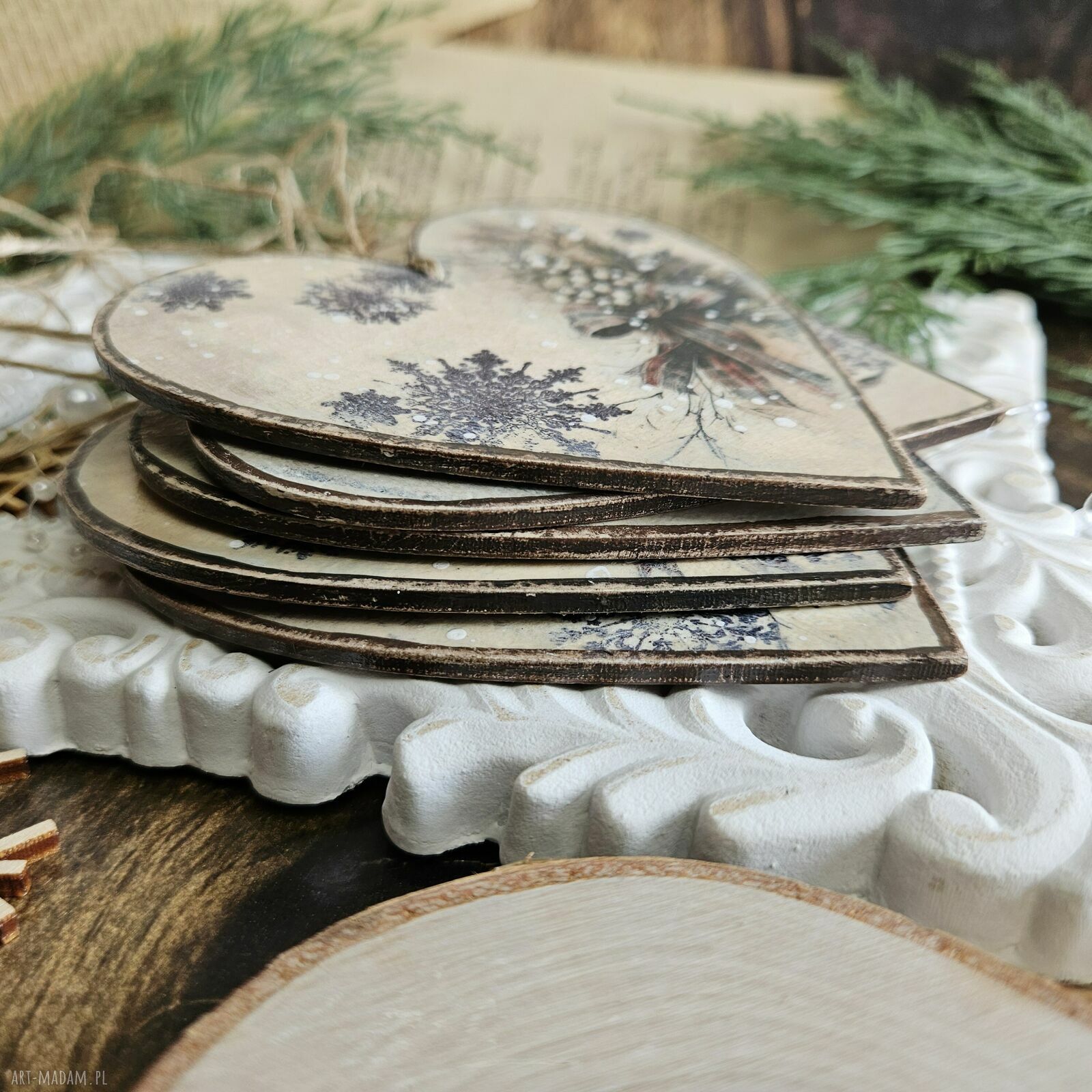 prezent święta: Zimowe serduszka z pieskami zestaw 5 ozdób choinkowych decoupage