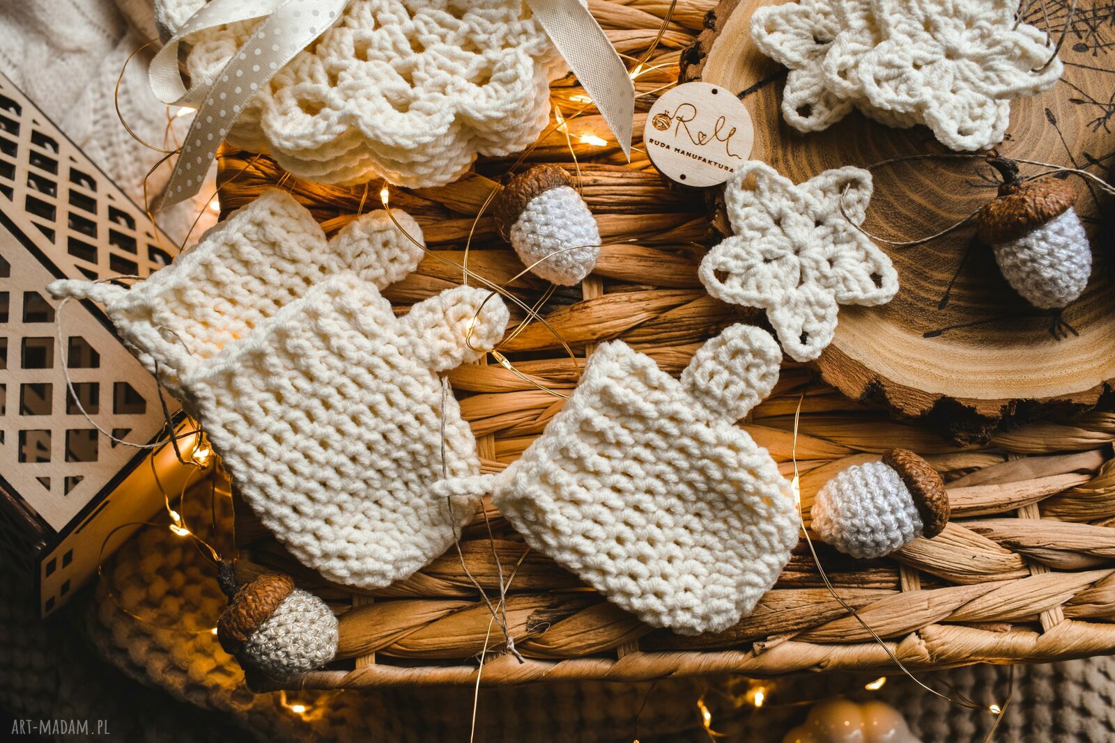 Zestaw świątecznych ozdób handmade na choinkę i pod kubek (ecru)