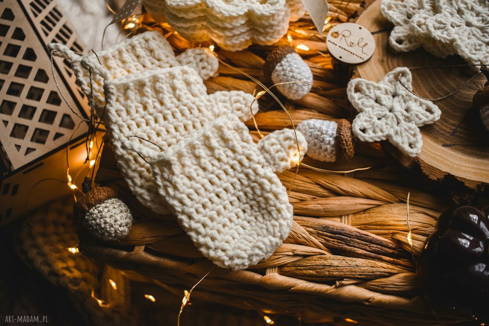 Zestaw świątecznych ozdób handmade na choinkę i pod kubek (ecru)