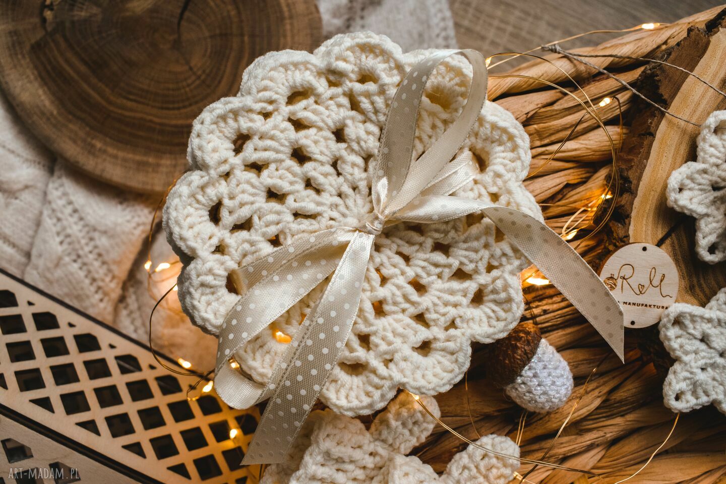 Zestaw świątecznych ozdób handmade na choinkę i pod kubek (ecru)