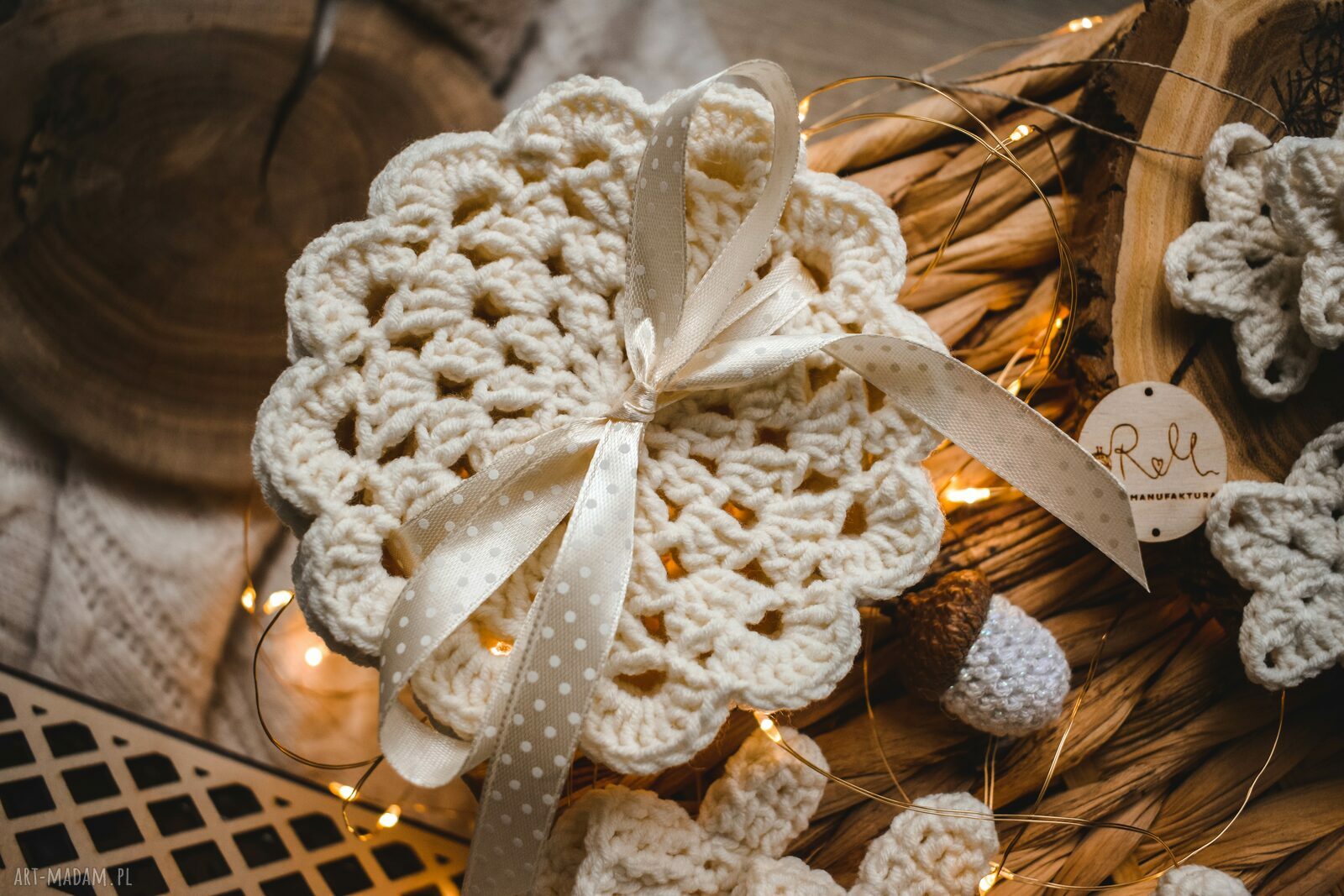 Zestaw świątecznych ozdób handmade na choinkę i pod kubek (ecru)