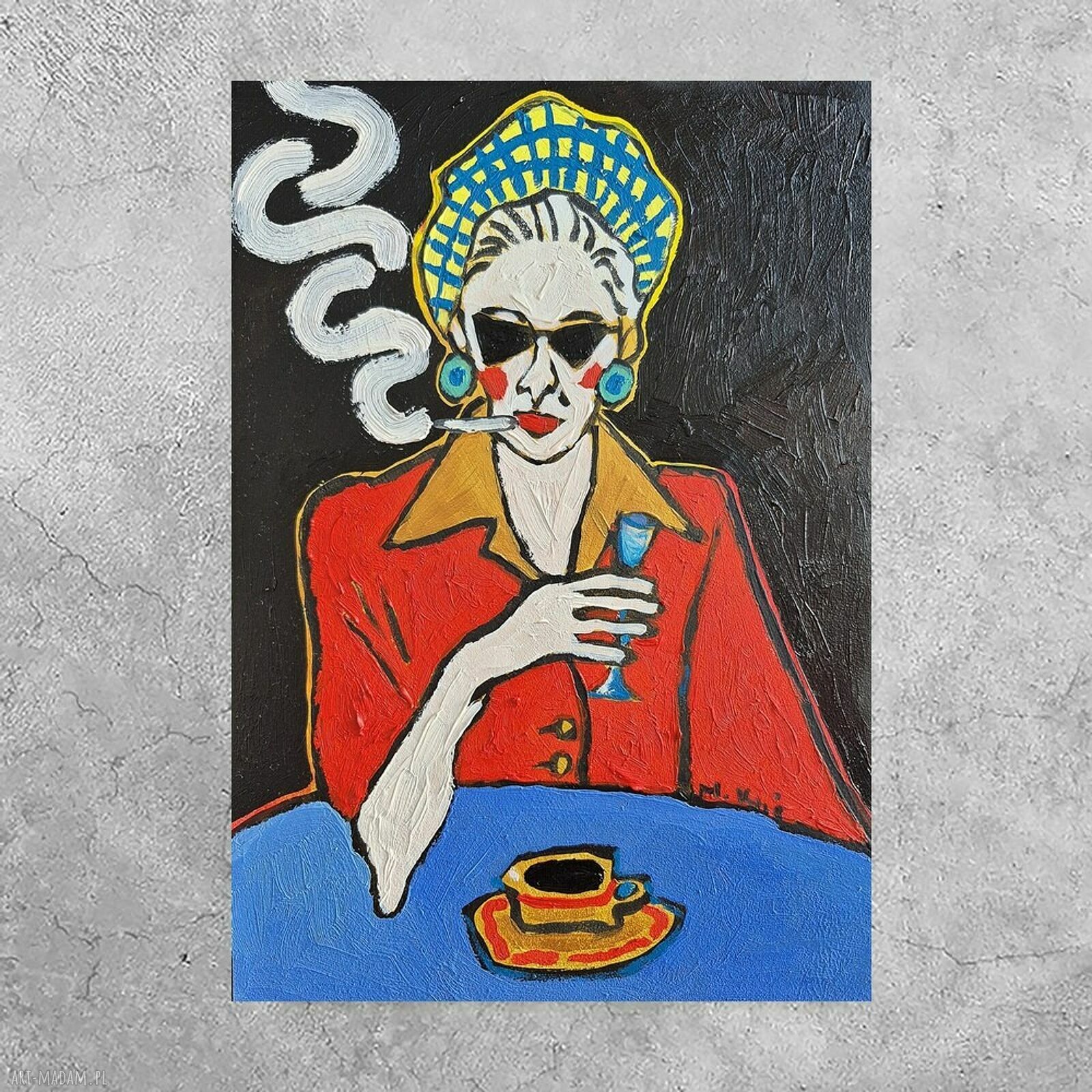 Obraz olejny Dama Kobieta z czarnego tła - ręcznie malowany (21/29 cm)