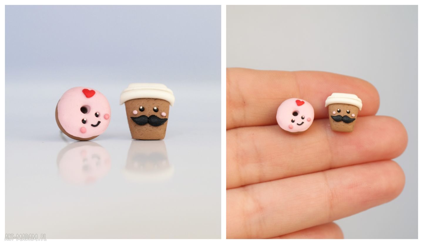 Kolczyki wkręty Donut, Pączek i Kawusia słodki handmade
