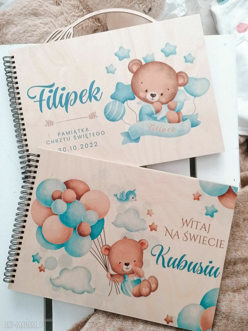 Pamiątka chrztu świętego - Miś w Obłoczkach z metryczką (personalizowany album)
