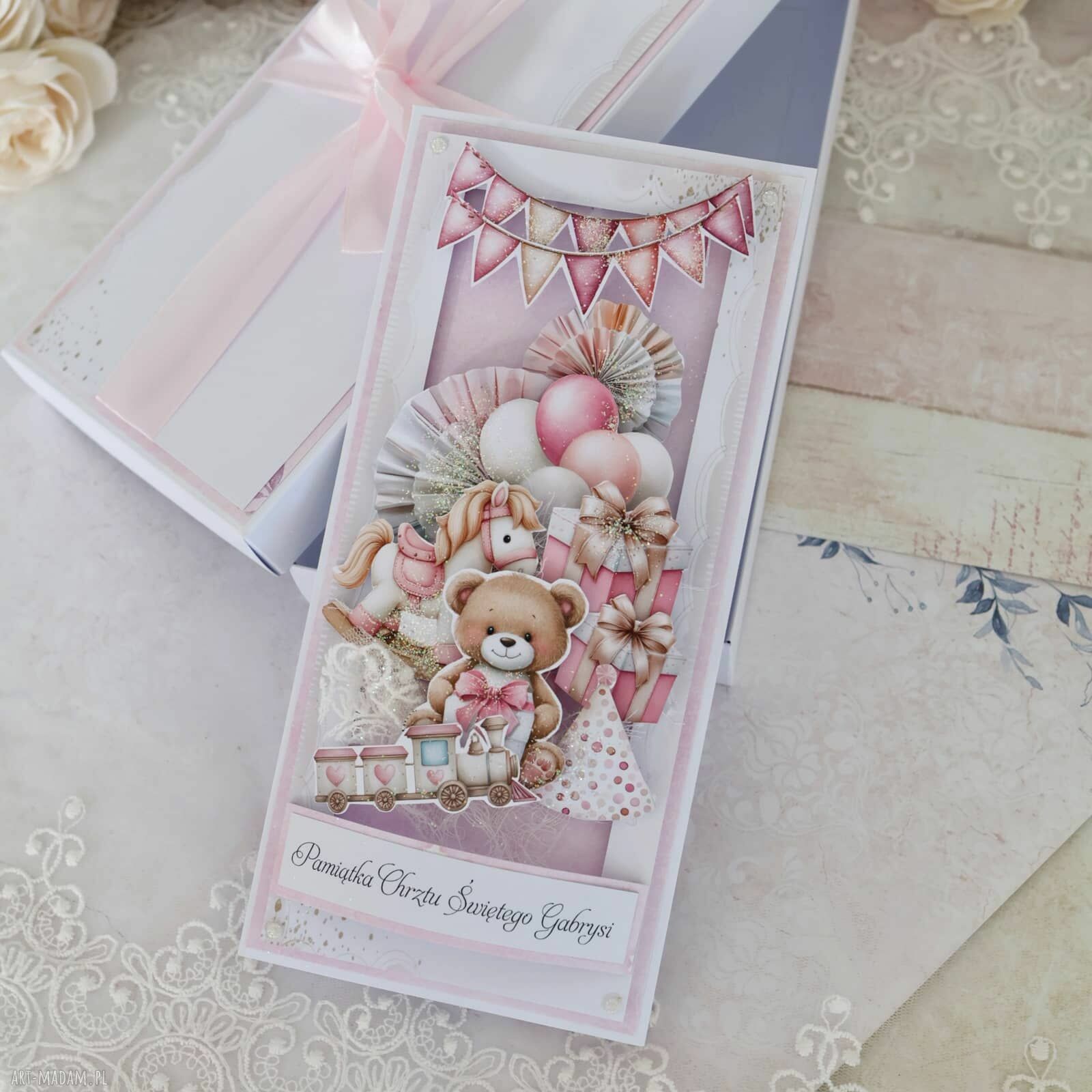 Pamiątka Chrztu Świętego dla dziewczynki - kartka z życzeniami i pudełkiem (personalizowana)