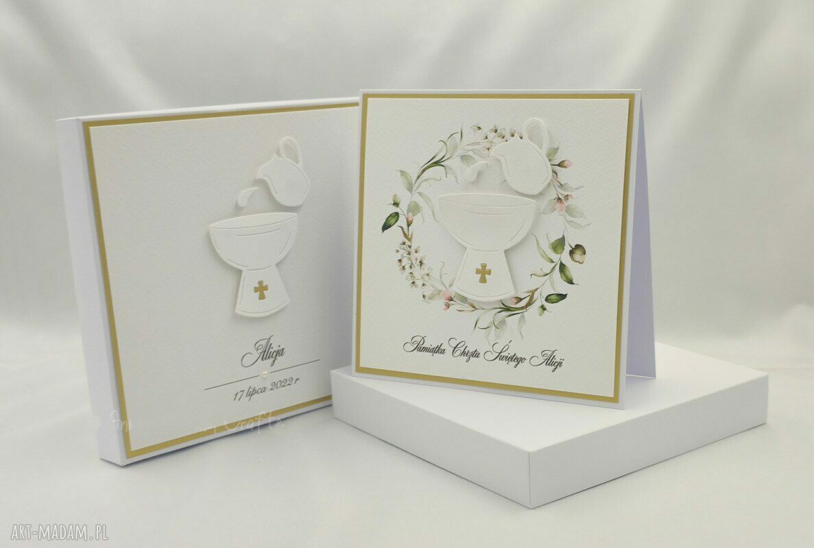 Pamiątka chrztu w pudełku z personalizowaną kopertą - elegancka kartka handmade