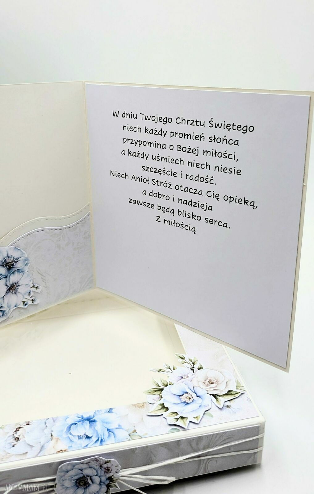 Pamiątka Chrztu Świętego w pudełku 14x14 cm - kartka ręcznie robiona z życzeniami