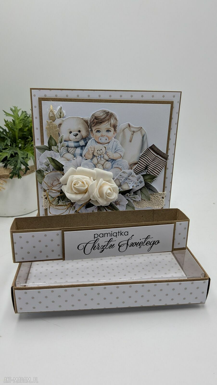 Pamiątka Chrztu Świętego dla chłopca - kartka handmade 3D w pudełku 14x14