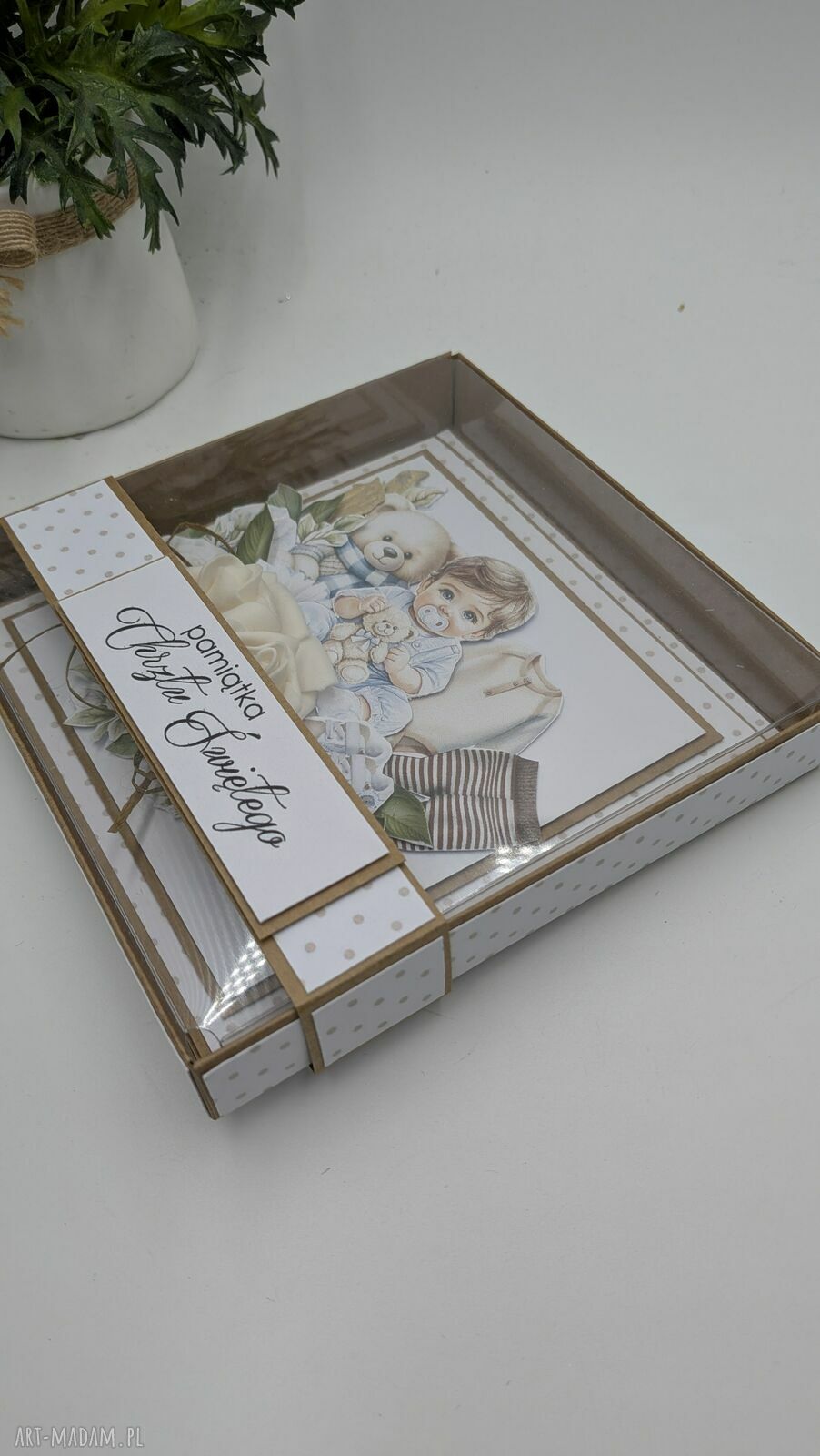 Pamiątka Chrztu Świętego dla chłopca - kartka handmade 3D w pudełku 14x14