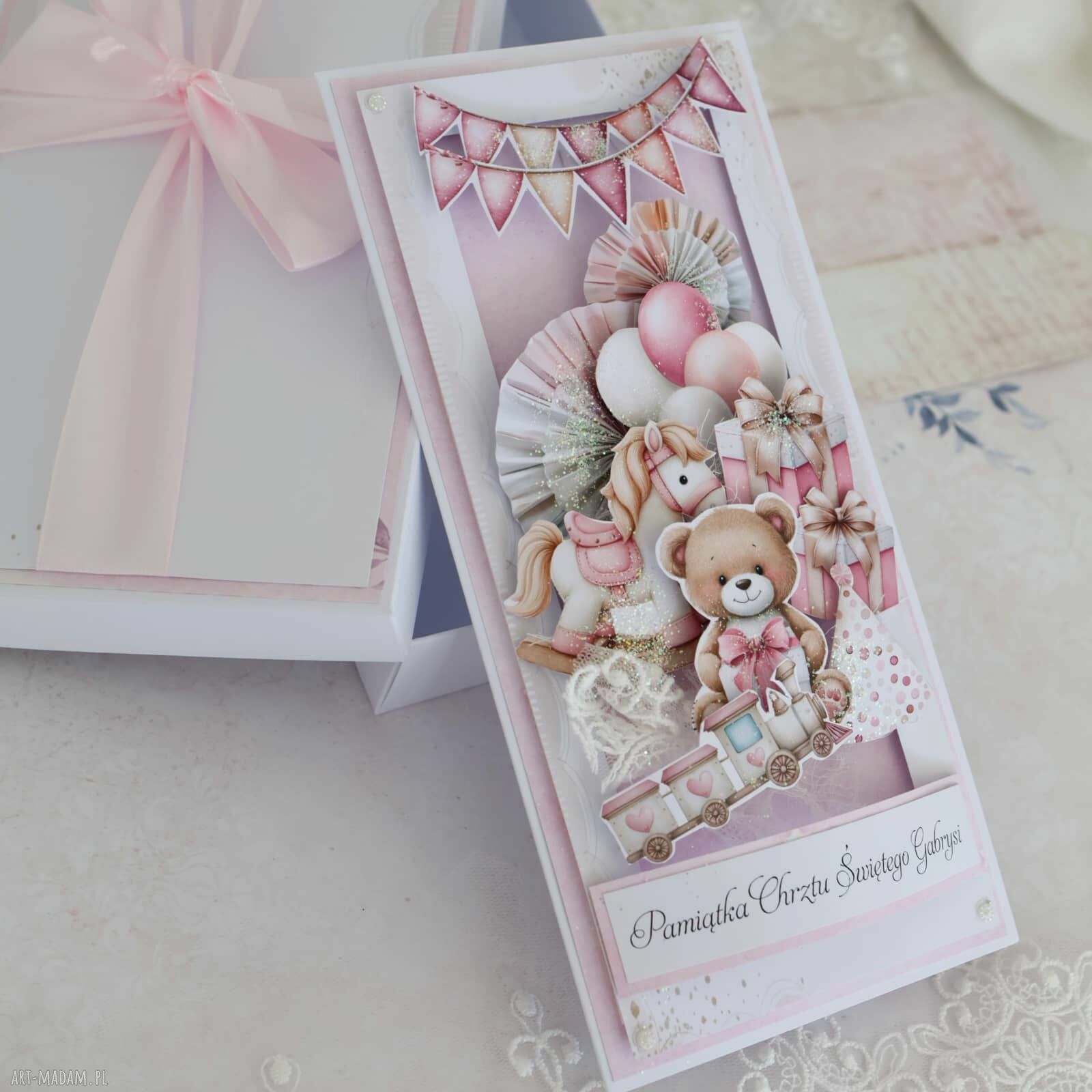 Pamiątka Chrztu Świętego dla dziewczynki - kartka z życzeniami i pudełkiem (personalizowana)
