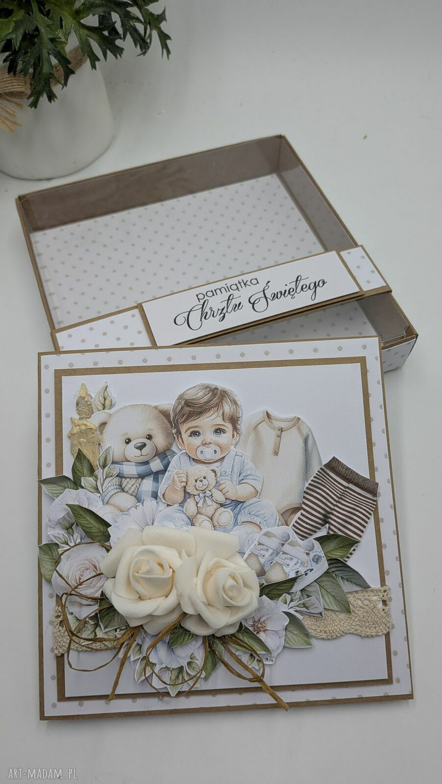 Pamiątka Chrztu Świętego dla chłopca - kartka handmade 3D w pudełku 14x14