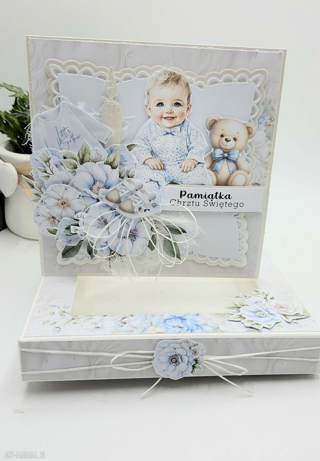 Pamiątka Chrztu Świętego w pudełku 14x14 cm - kartka ręcznie robiona z życzeniami