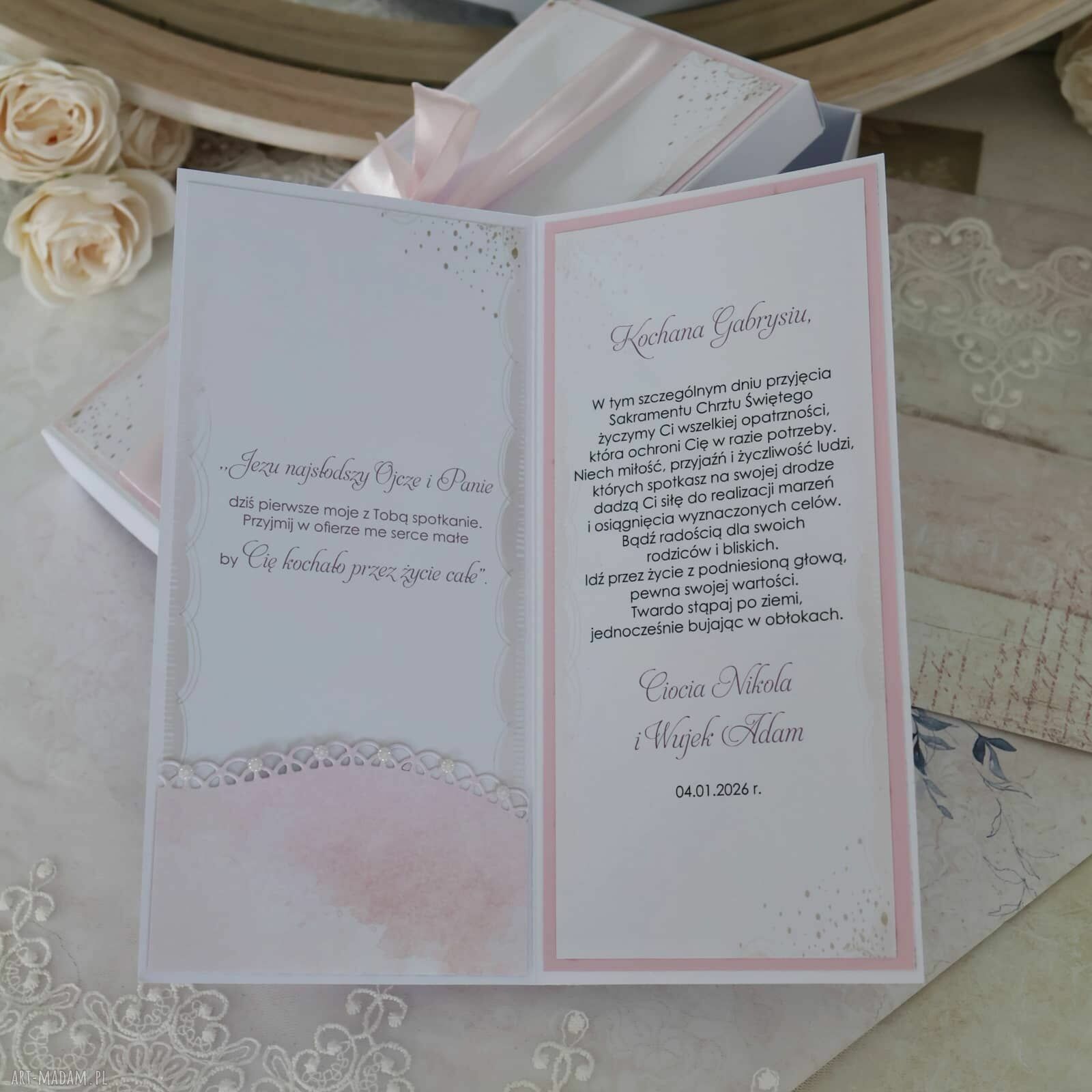 Pamiątka Chrztu Świętego dla dziewczynki - kartka z życzeniami i pudełkiem (personalizowana)