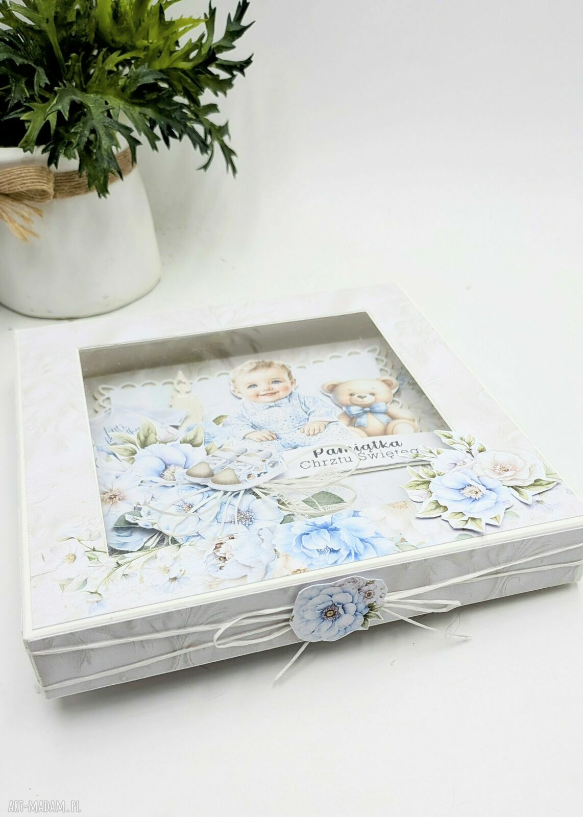 Pamiątka Chrztu Świętego w pudełku 14x14 cm - kartka ręcznie robiona z życzeniami