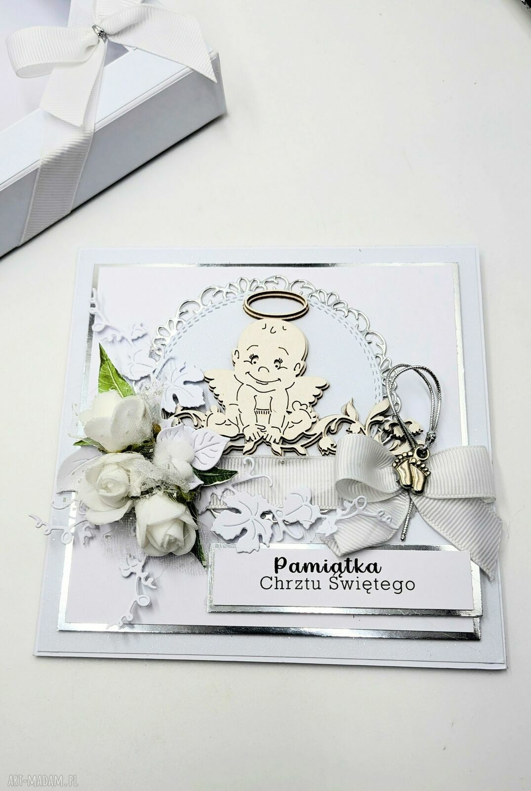 Pamiątka chrztu świętego w pudełku 14x14 cm - kartka ręcznie robiona z aniołkiem