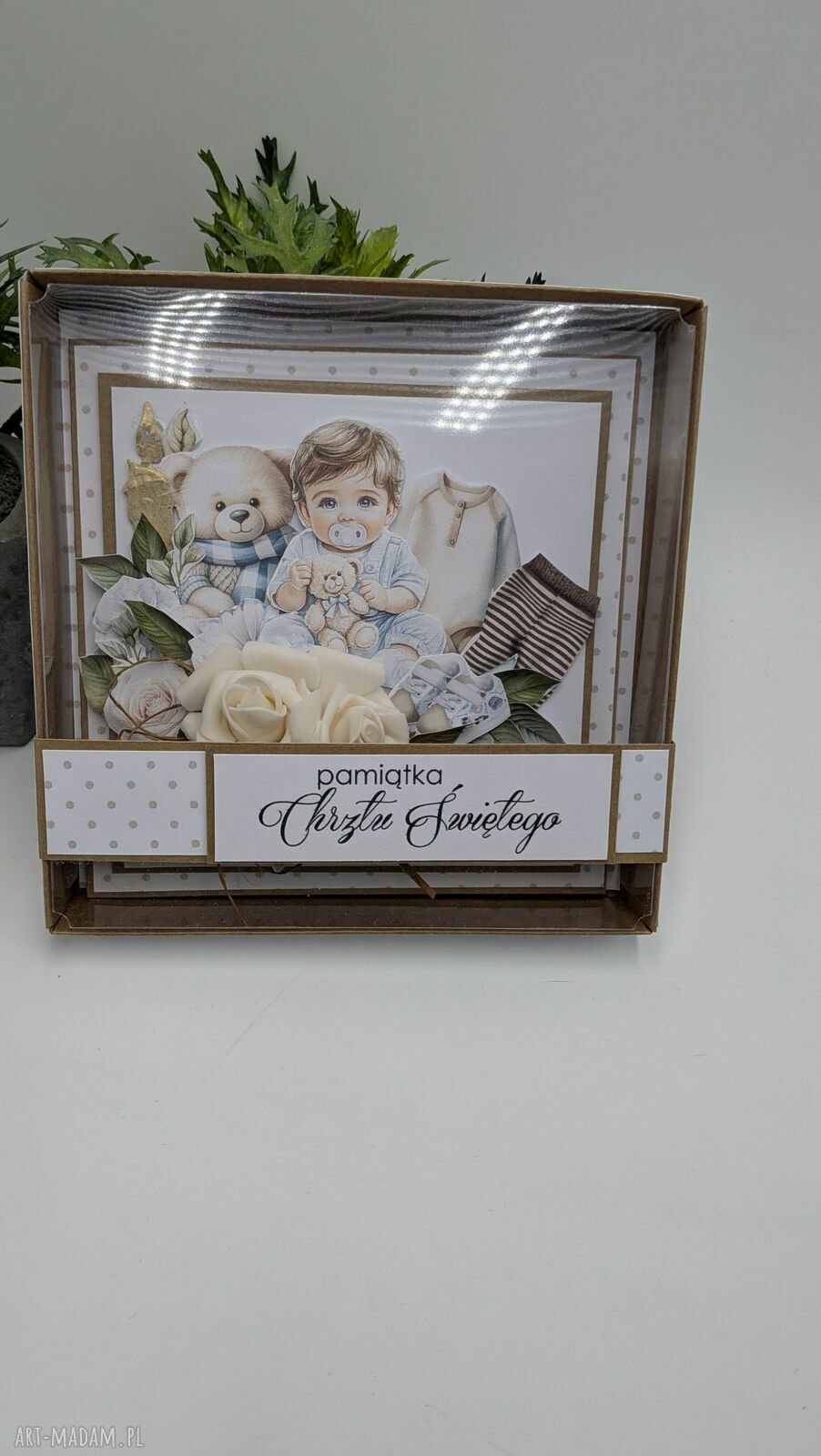 Pamiątka Chrztu Świętego dla chłopca - kartka handmade 3D w pudełku 14x14