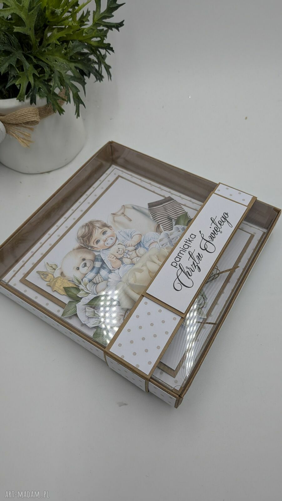 Pamiątka Chrztu Świętego dla chłopca - kartka handmade 3D w pudełku 14x14
