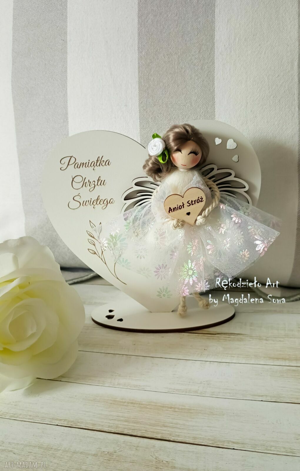 Pamiątka Chrztu Świętego: Anioł Stróż w sercu handmade