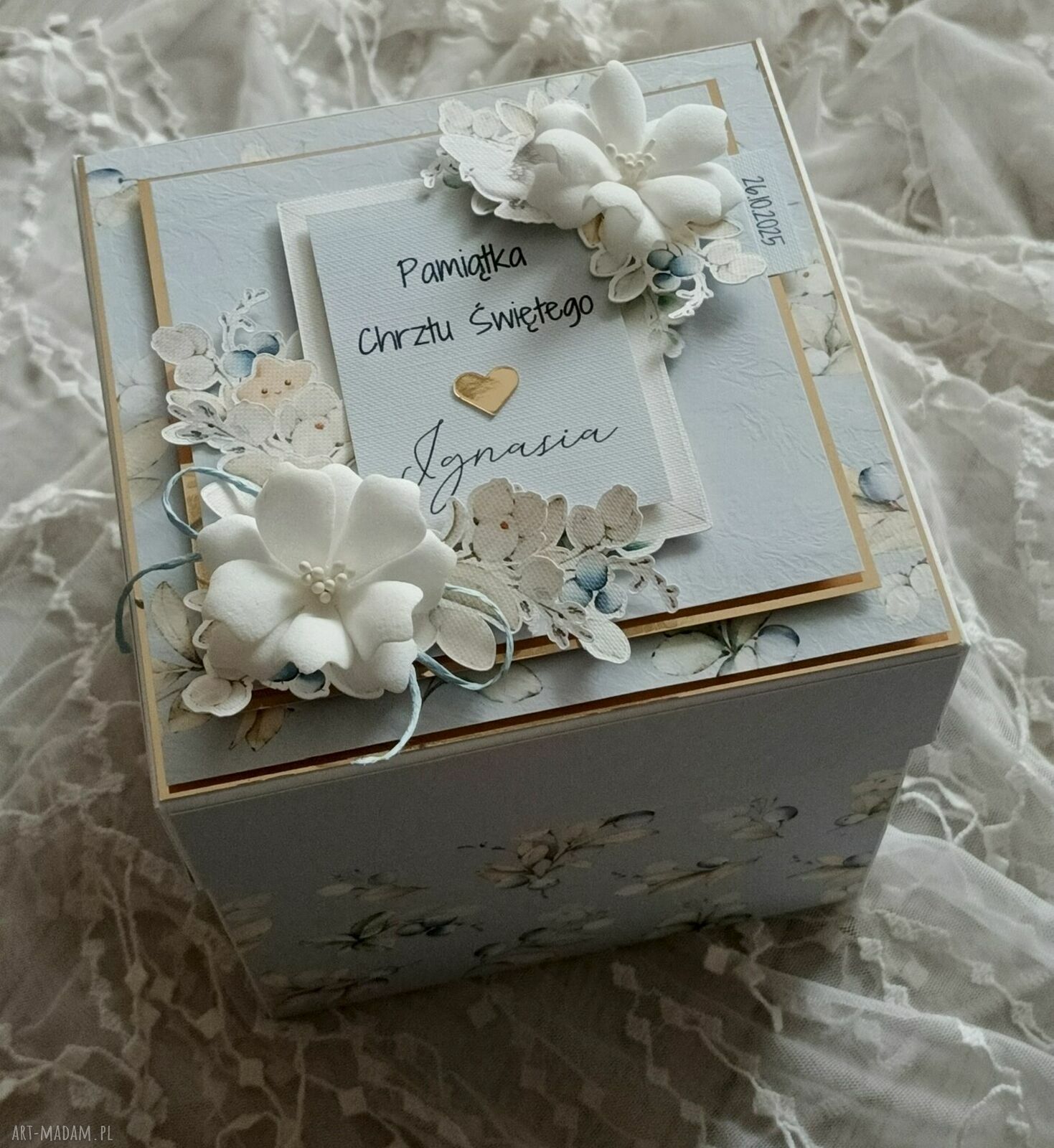 Pamiątka Chrztu Świętego w formie exploding box - turkus i biel dla chłopca