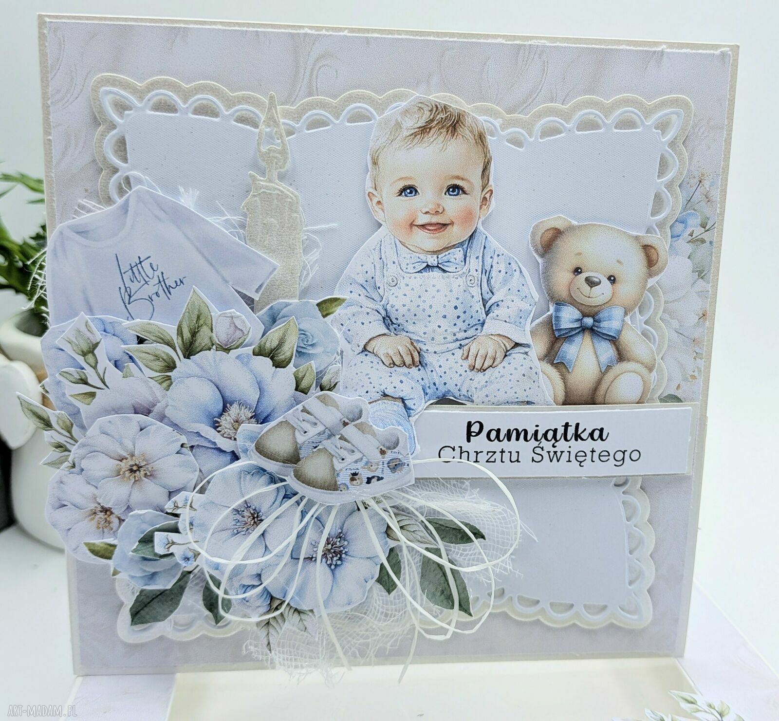 Pamiątka Chrztu Świętego w pudełku 14x14 cm - kartka ręcznie robiona z życzeniami