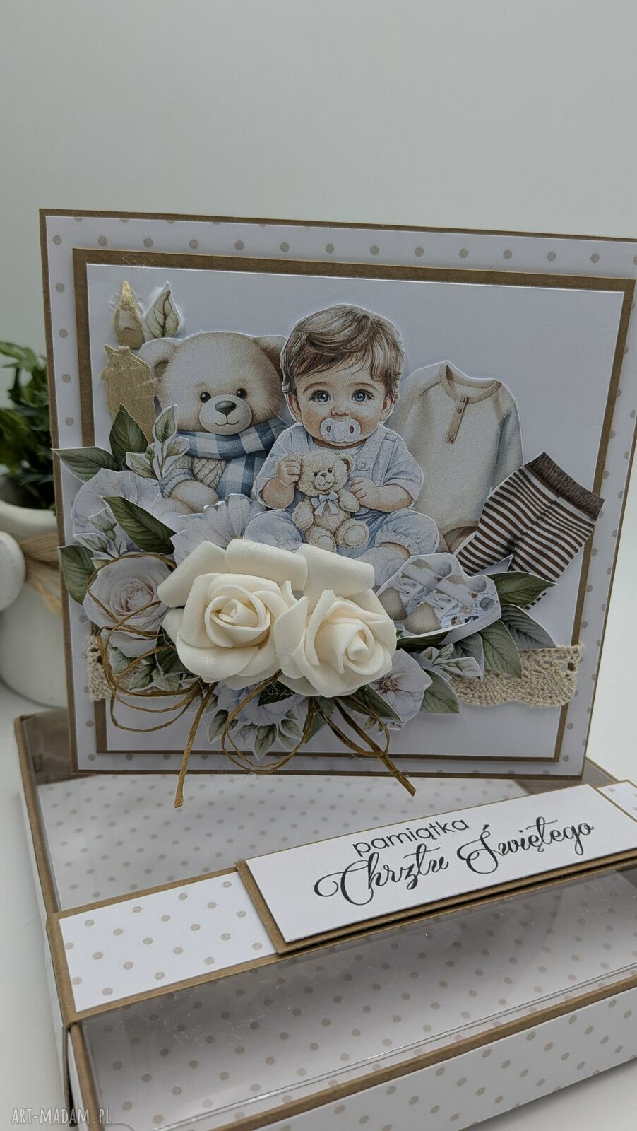 Pamiątka Chrztu Świętego dla chłopca - kartka handmade 3D w pudełku 14x14