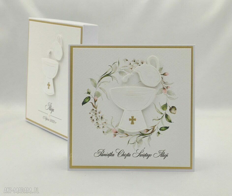 Pamiątka chrztu w pudełku z personalizowaną kopertą - elegancka kartka handmade
