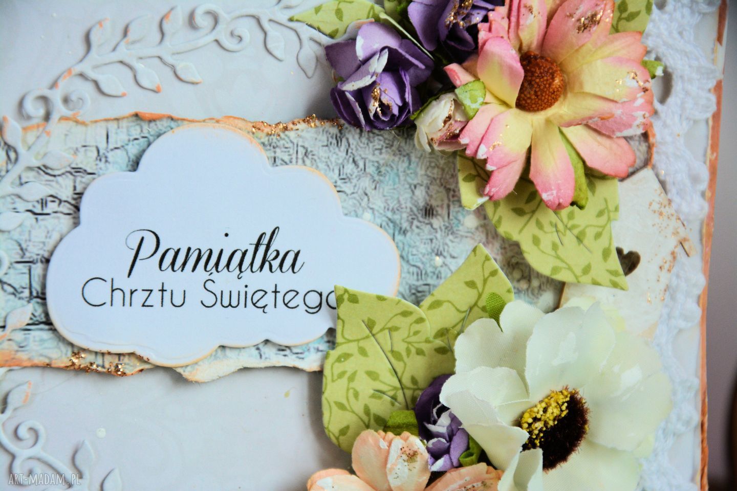 Kartka pamiątka Chrztu Świętego - bogato zdobiona w stylu scrapbookingu