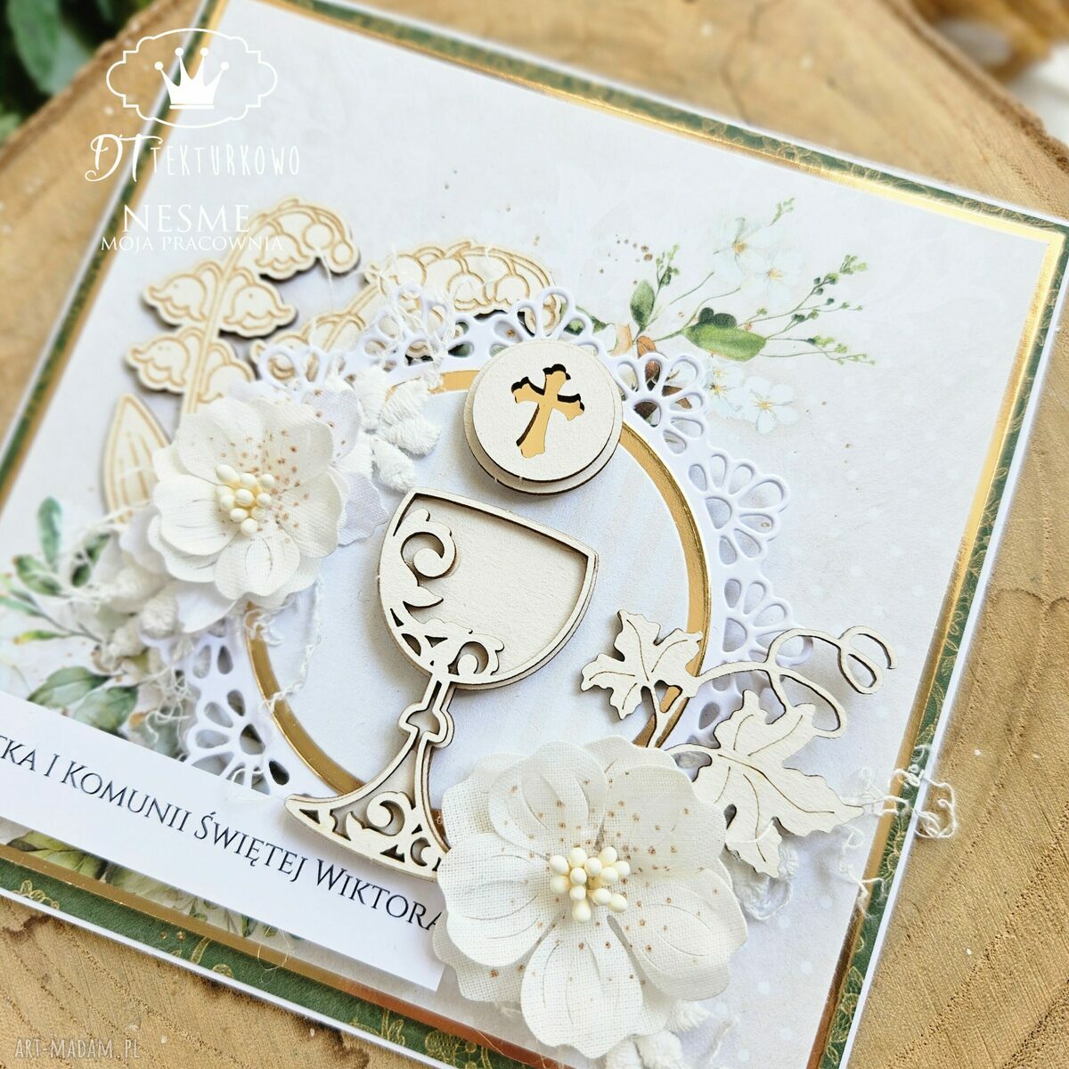Pamiątka Pierwszej Komunii Świętej - kartka scrapbooking z kielichem i konwaliami