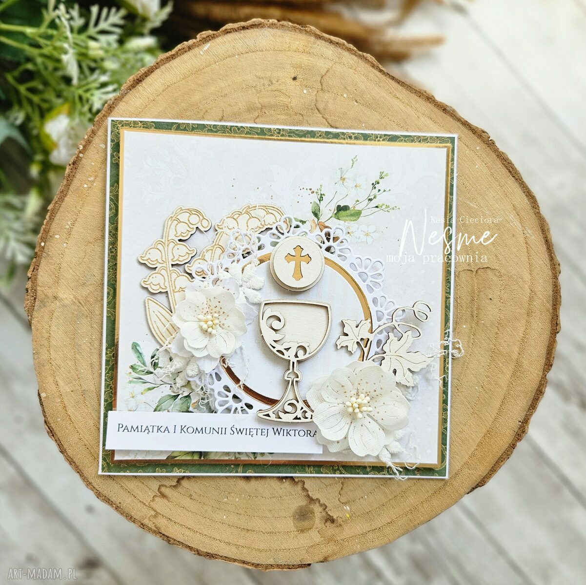 Pamiątka Pierwszej Komunii Świętej - kartka scrapbooking z kielichem i konwaliami