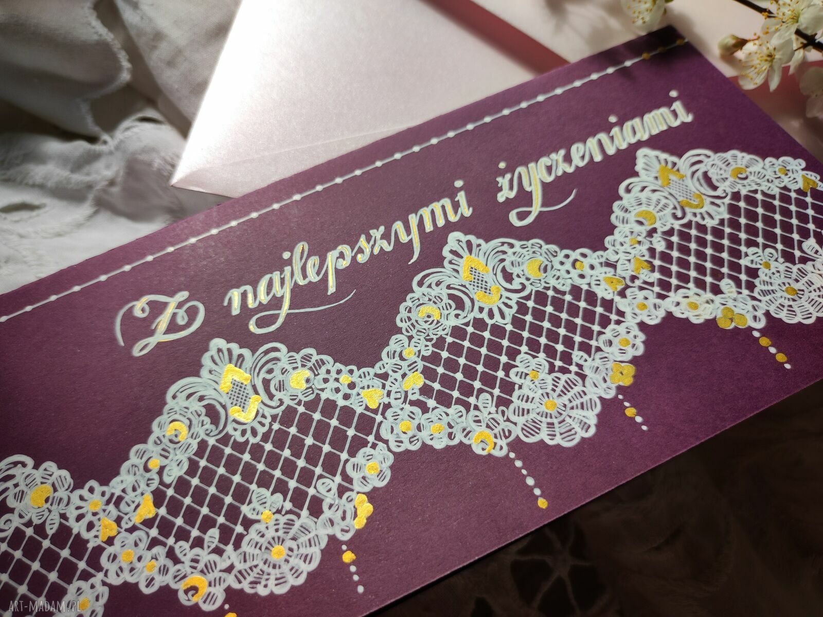 Ręcznie malowana kartka pamiątka na Chrzest i Komunię - perłoworóżowa koperta