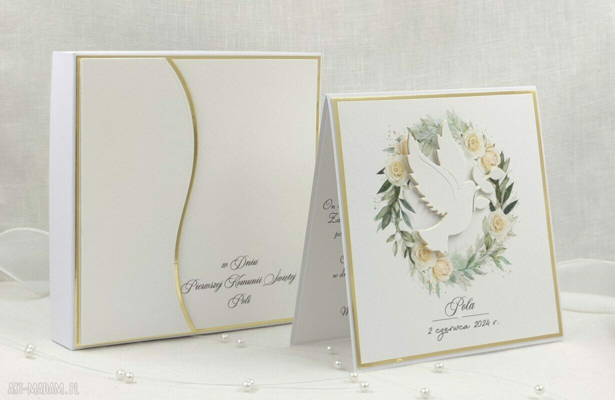 Personalizowana pamiątka Pierwszej Komunii w pudełku z kopertą - Linia Gold