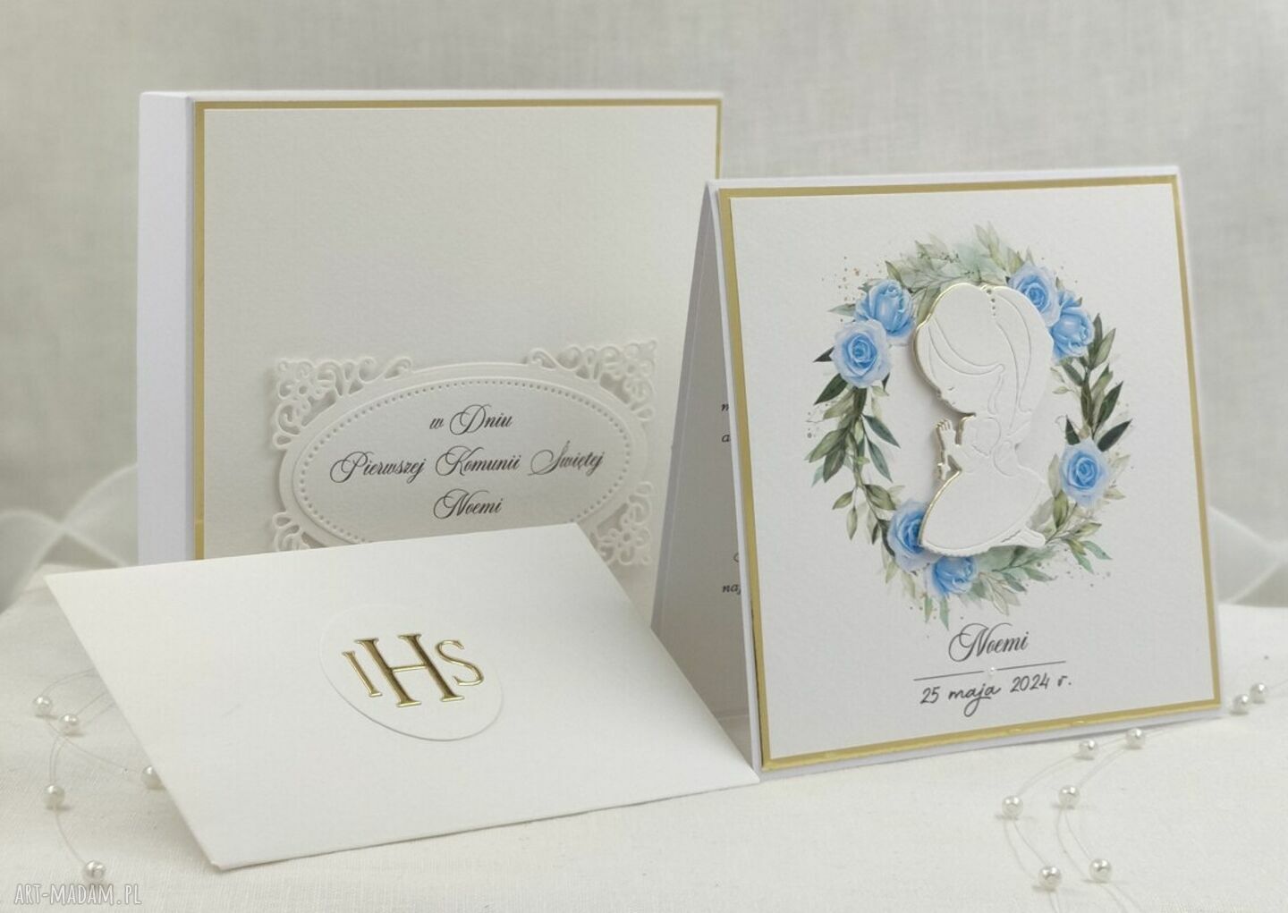 Pamiątka Pierwszej Komunii - kartka w pudełku z kopertą Linia Gold (LG 1D) personalizowana