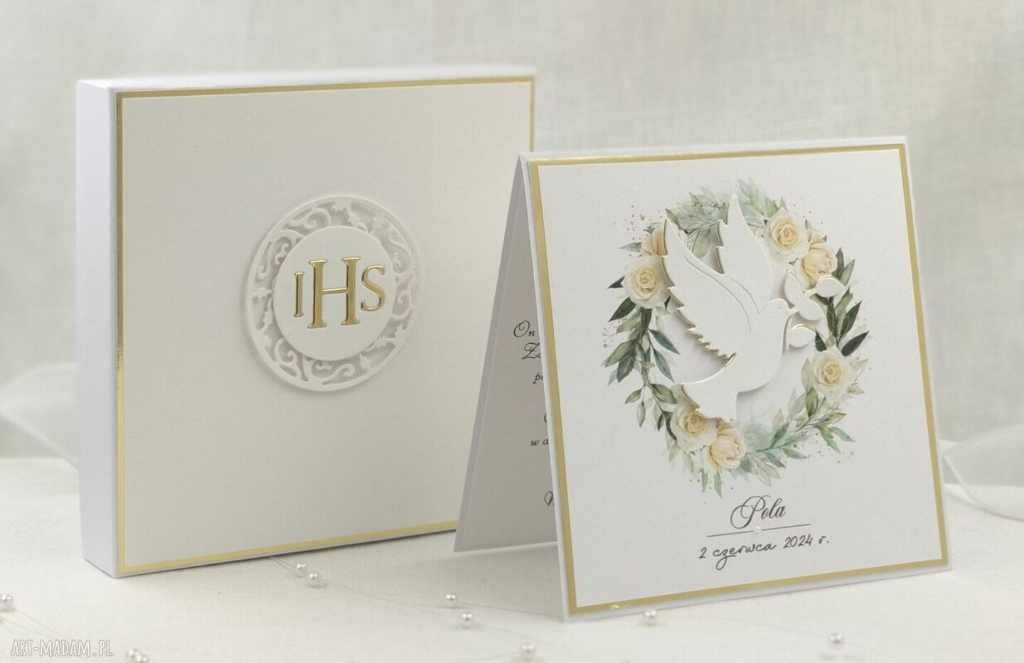 Pamiątka Pierwszej Komunii w pudełku z kopertą (Linia Gold) - personalizowana