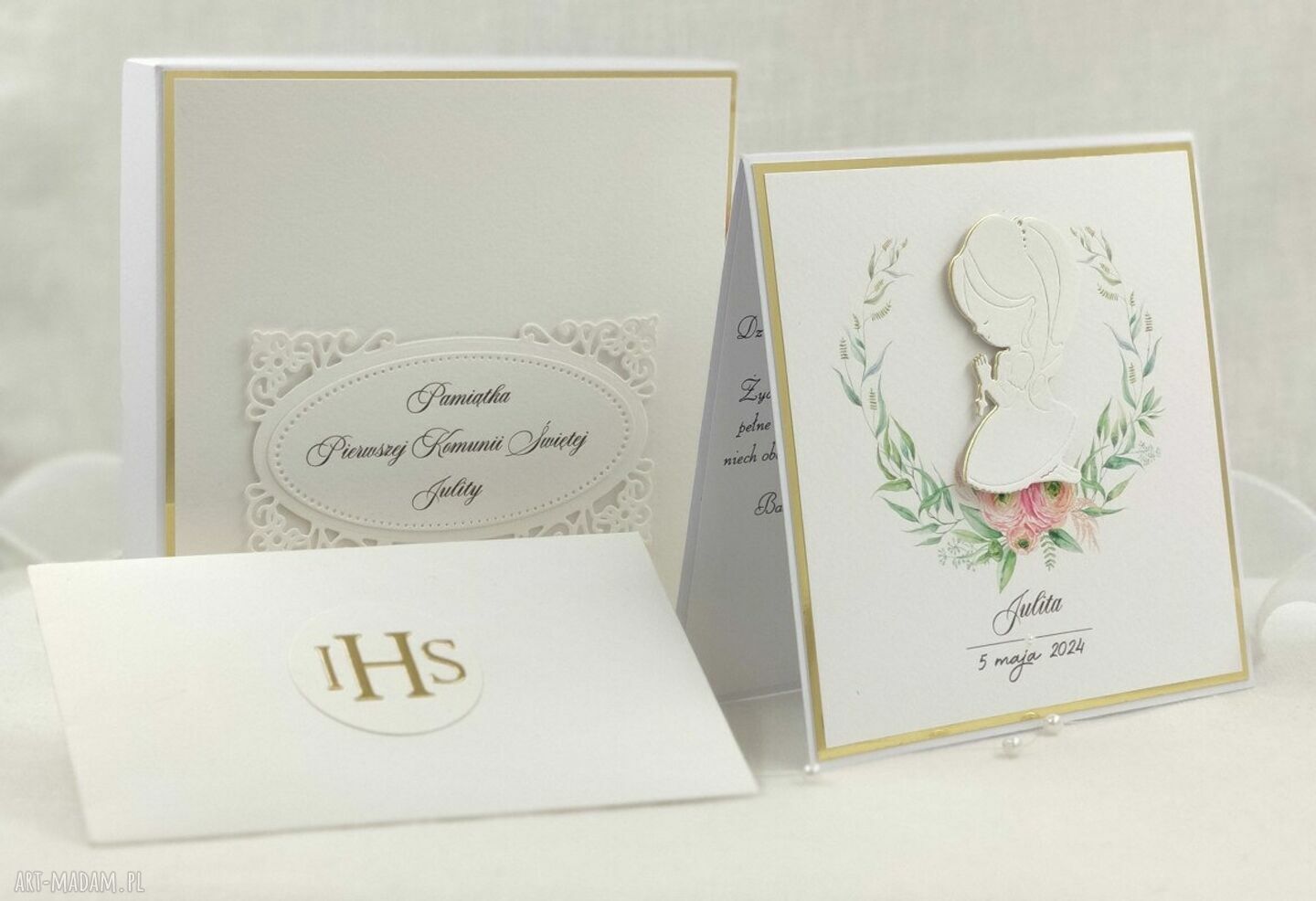 Pamiątka Pierwszej Komunii w pudełku z kopertą - Linia Gold personalizowana