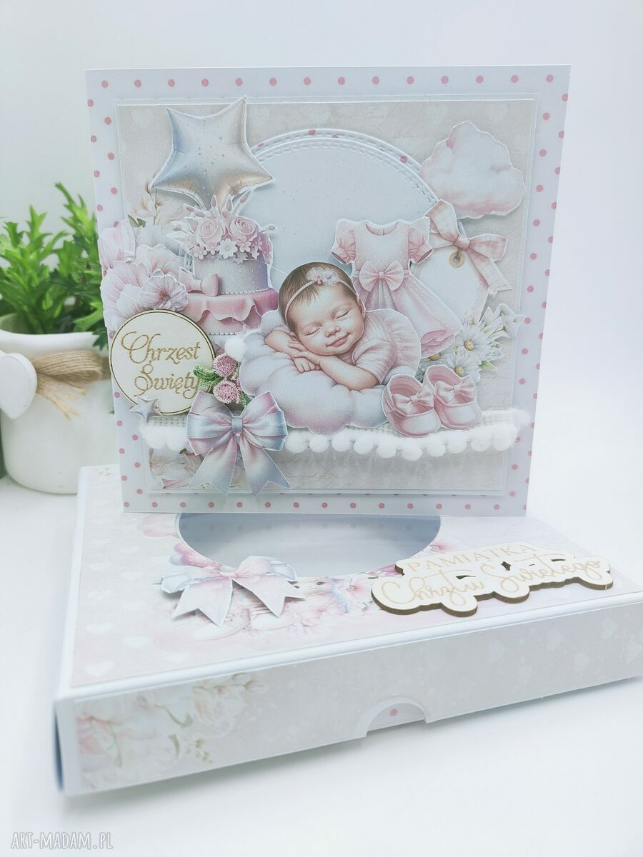 Pamiątka z okazji Chrztu Świętego - kartka scrapbooking 3D z pudełkiem dla dziewczynki