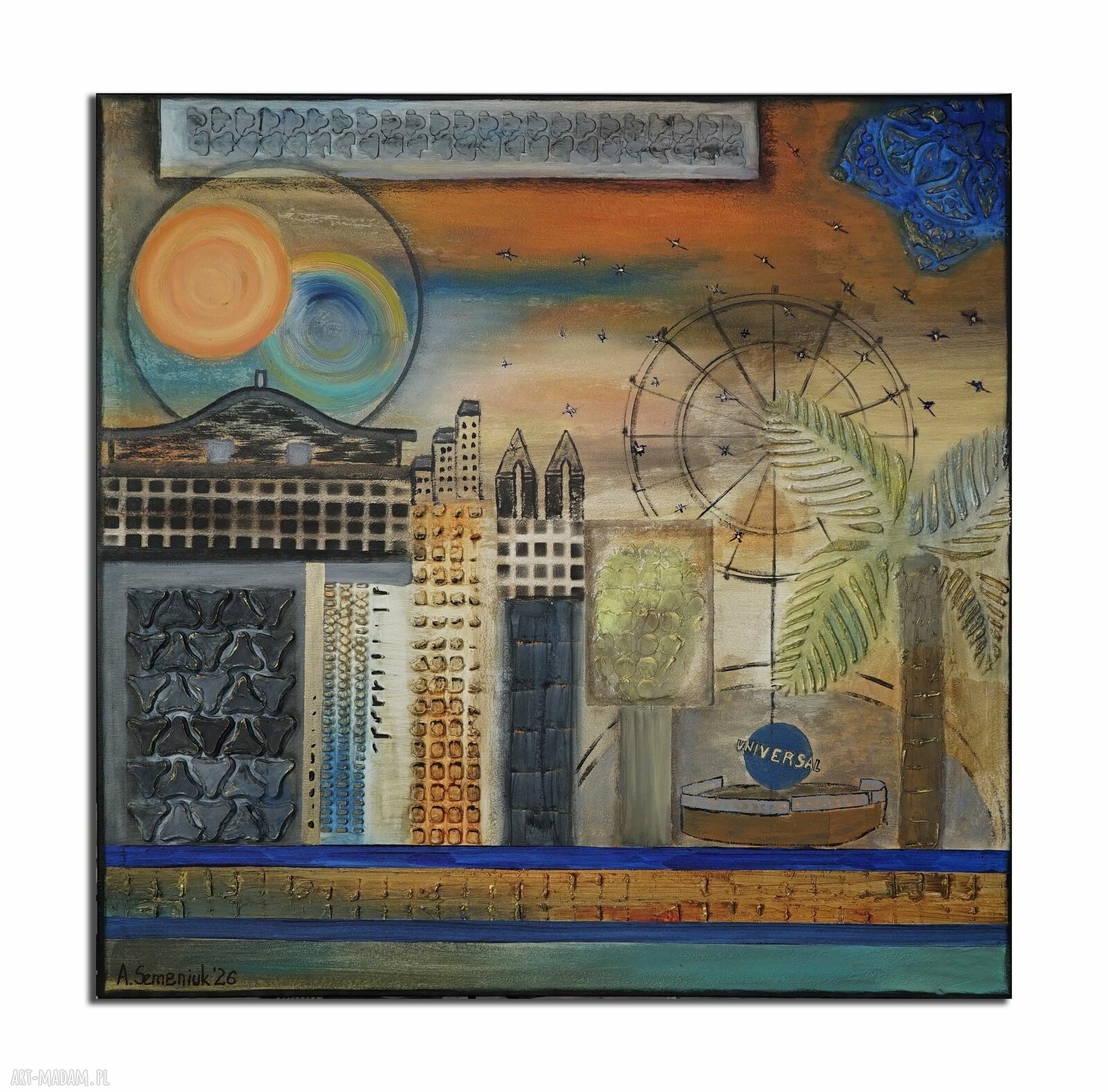 Pamiątka z... - obraz abstrakcyjny 100 x 100 cm: struktura, akryl i bejce