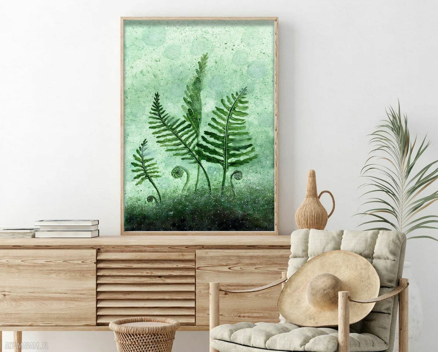 Paproć 50x70 cm - akwarela z lasem i subtelnym kwiatkiem
